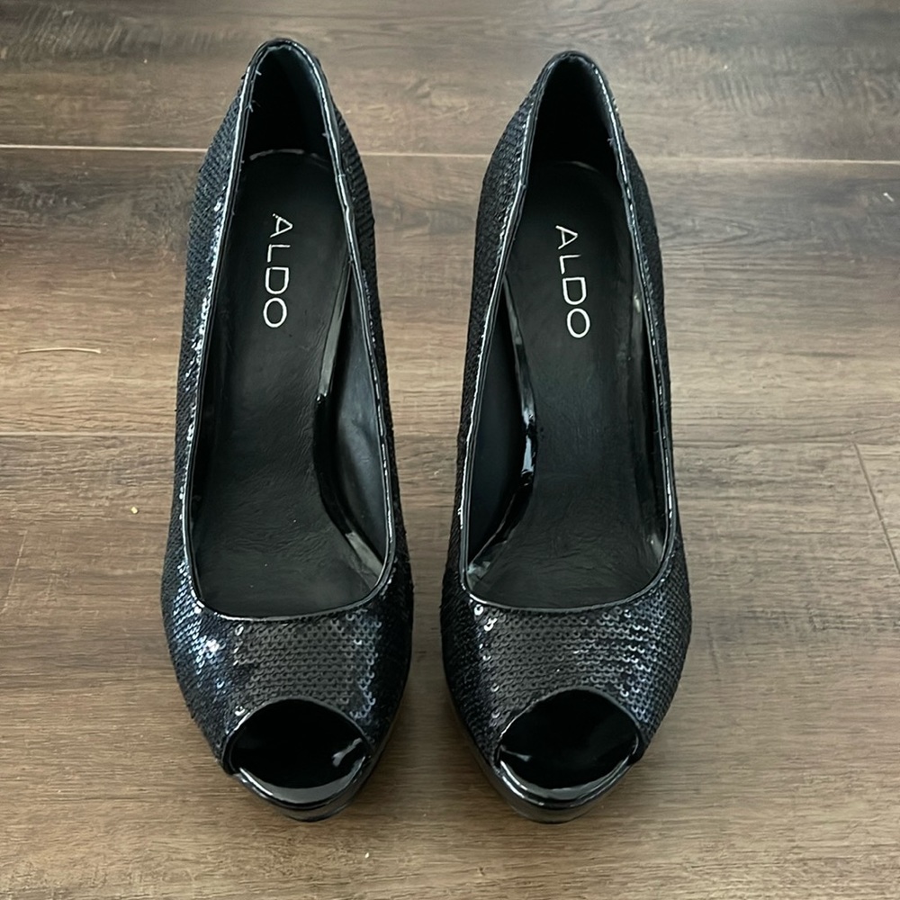 Aldo Black Sequin Open Toed Heels
